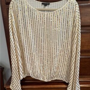 Rachel Zoe Ivory and Gold Sequin Stripe Long-Sleeve Top